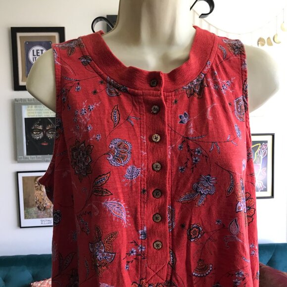 J JILL size M Red Floral Paisley Print Cotton Modal Sleeveless Henley Top - Picture 2 of 4